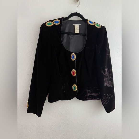 Vintage black velvet Multicolor Jewels Embellished Button Closure Cropped Jacket - Picture 1 of 9